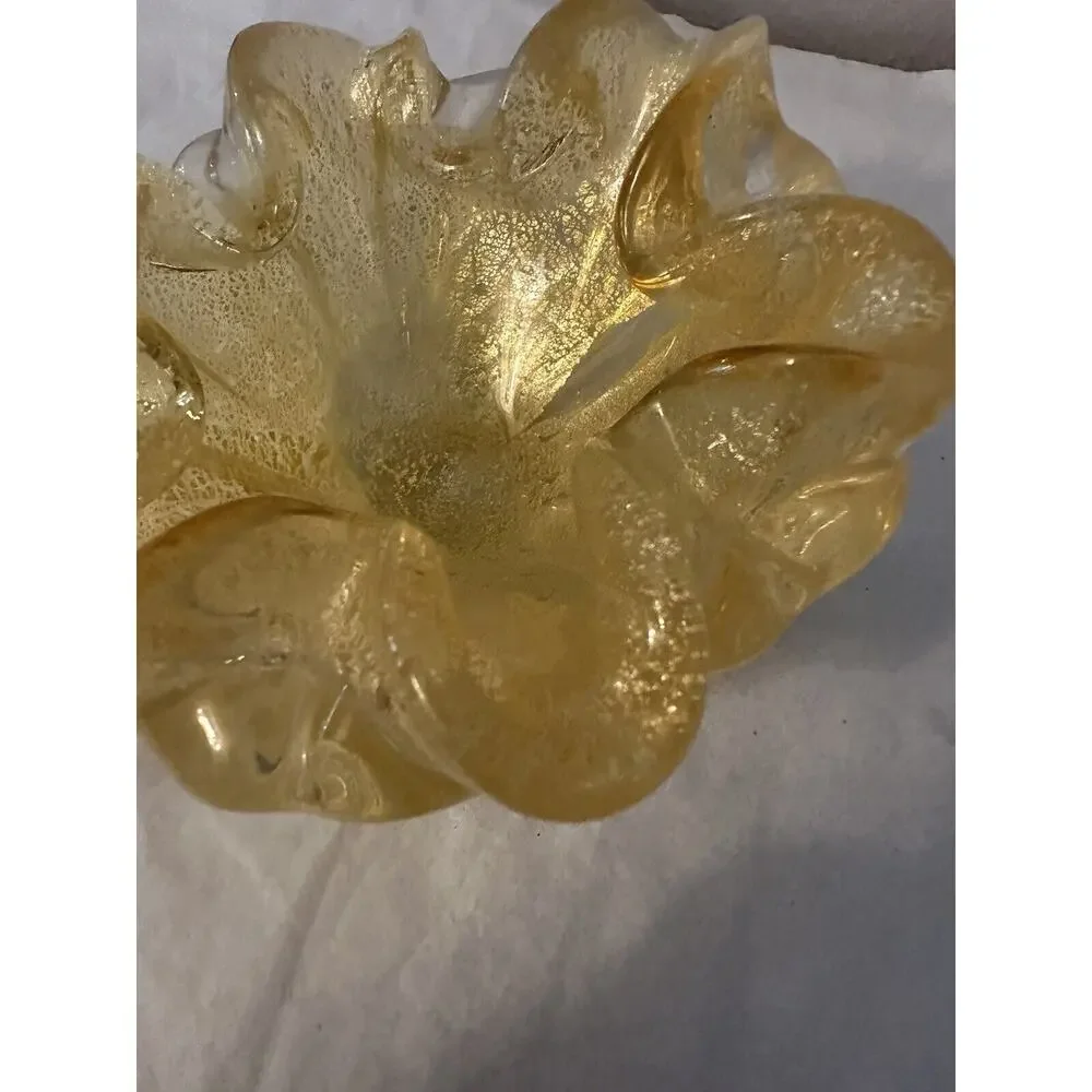 Vintage Murano Glass Aventurine Gold Flecks Ruffled Bowl Ashtray Candy Dish MCM